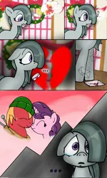 Size: 1229x2048 | Tagged: safe, artist:funnyk16, derpibooru import, big macintosh, marble pie, sugar belle, earth pony, pony, unicorn, g4, comic, female, heartbreak, heartbroken marble, image, jpeg, male, scene interpretation, shipping, side chick, straight, sugarmac, trio