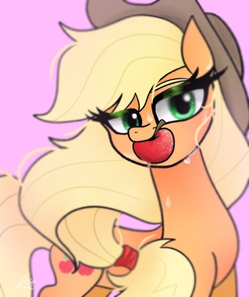 Size: 1714x2048 | Tagged: safe, artist:petaltwinkle, derpibooru import, applejack, earth pony, pony, g4, apple, food, image, jpeg, mouth hold, solo, stupid sexy applejack