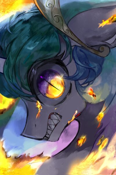 Size: 1365x2048 | Tagged: safe, artist:gq40415378, derpibooru import, idw, princess celestia, alicorn, pony, g4, reflections, spoiler:comic, angry, female, fire, image, jpeg, now you fucked up, oh crap, ragelestia, run, sharp teeth, slit pupils, solo, teeth, this will end in daybreaker, this will end in death, this will end in tears, this will end in tears and/or death, you dun goofed