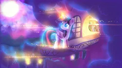 Size: 1600x900 | Tagged: safe, artist:うめおにぎり, derpibooru import, twilight sparkle, twilight sparkle (alicorn), alicorn, pony, g4, crying, glow, glowing horn, golden oaks library, horn, image, jpeg, library, moon, night, solo, treehouse