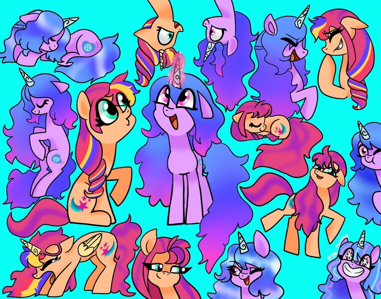 Size: 1368x1074 | Tagged: safe, artist:petaltwinkle, derpibooru import, izzy moonbow, sunny starscout, alicorn, earth pony, pony, unicorn, g5, my little pony: a new generation, big grin, blue background, duo, grin, image, jpeg, mane stripe sunny, race swap, simple background, smiling, starry eyes, sunnycorn, wingding eyes