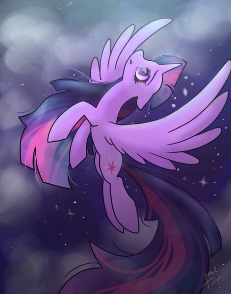 Size: 1074x1368 | Tagged: safe, artist:petaltwinkle, derpibooru import, twilight sparkle, twilight sparkle (alicorn), alicorn, pony, g4, cloud, flying, image, jpeg, sky, solo, stars