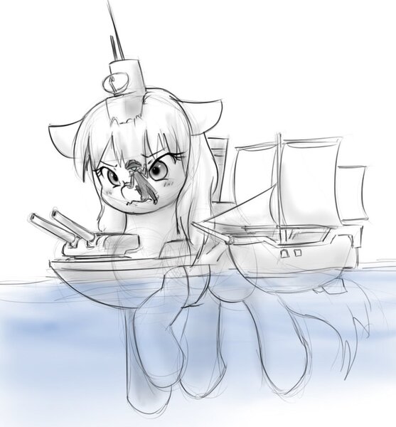 Size: 861x927 | Tagged: safe, artist:alloyrabbit, derpibooru import, oc, oc:anon, oc:battleship, boatpony, pony, annoyed, battleship ponies, blushing, boarding, boat, bridge, floppy ears, giant pony, gun, image, irritated, jpeg, macro, macro/micro, micro, ocean, partially submerged, pirate ship, simple background, swimming, turret, underwater, water, weapon, white background