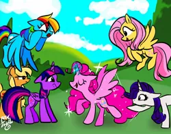 Size: 1368x1074 | Tagged: safe, artist:petaltwinkle, derpibooru import, applejack, fluttershy, pinkie pie, rainbow dash, rarity, twilight sparkle, twilight sparkle (alicorn), alicorn, earth pony, pegasus, pony, unicorn, g4, alicornified, floppy ears, image, jpeg, mane six, pinkiecorn, race swap, xk-class end-of-the-world scenario