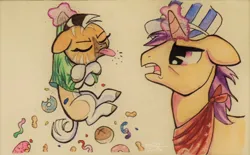 Size: 1024x635 | Tagged: safe, artist:peachykeenponies, derpibooru import, oc, oc:nia, unofficial characters only, pony, quagga, unicorn, zebra, conductor, female, filly, foal, image, jpeg, magic, raspberry, tongue out