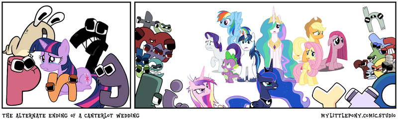 Size: 1440x446 | Tagged: safe, derpibooru import, editor:mlpabclorefan, applejack, fluttershy, pinkie pie, princess cadance, princess celestia, princess luna, rainbow dash, rarity, shining armor, spike, twilight sparkle, pony, a canterlot wedding, g4, a, alphabet, alphabet lore, alternate ending, angry, c, comforting, comforting twilight, comic, comic studio, crossover, crying, d, e, f, female, g, guilty, h, i, image, implied chrysalis, j, k, l (letter), lowercase, m, male, mane seven, mane six, mare, my little pony comic studio, n, o, p, pinkamena diane pie, png, q, r, remorse, s, sad, shocked, shocked expression, sorry, stallion, t, teary eyes, u, v, w, x, y, 🅱