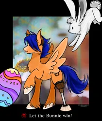 Size: 3024x3600 | Tagged: safe, artist:dzhu.sokolov, artist:sally stuart, derpibooru import, oc, oc:sidney galson, unofficial characters only, pegasus, pony, amputee, blue mane, cog, digital art, easter, easter bunny, easter egg, high res, holiday, image, male, pegasus oc, png, prosthetic limb, prosthetics, solo, wings