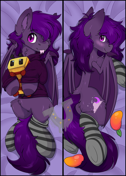 Size: 4144x5776 | Tagged: safe, artist:rokosmith26, derpibooru import, oc, oc:midnight purple, unofficial characters only, bat pony, bee, insect, pony, absurd resolution, bat pony oc, bat wings, blaze (coat marking), blushing, body pillow, body pillow design, butt, cheek fluff, clothes, coat markings, commission, dakimakura cover, ear fluff, eye clipping through hair, eyebrows, eyebrows visible through hair, facial markings, fangs, food, forked tongue, fruit, holding, hoodie, image, jersey, long hair, long mane, looking at you, lying down, male, mango, markings, minecraft, minecraft bee, on back, partially open wings, pink eyes, plot, plushie, png, prone, smiling, smiling at you, socks, solo, spread wings, stallion, striped socks, teeth, tongue out, tooth, wall of tags, watermark, wings