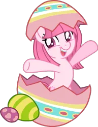 Size: 853x1106 | Tagged: safe, artist:arxielle, artist:muhammad yunus, derpibooru import, oc, oc:annisa trihapsari, unofficial characters only, earth pony, pony, cute, earth pony oc, easter, easter egg, female, food, happy, heart, holiday, image, looking at you, mare, ocbetes, open mouth, open smile, pink body, pink eyes, pink mane, png, simple background, smiling, smiling at you, solo, transparent background