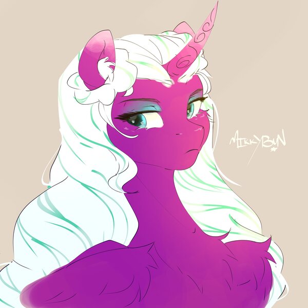 Size: 2048x2048 | Tagged: safe, derpibooru import, alicorn, pony, bust, chest fluff, curved horn, ear fluff, eyeshadow, female, folded wings, frown, high res, horn, image, jpeg, looking away, makeup, mare, signature, simple background, solo, three quarter view, wings