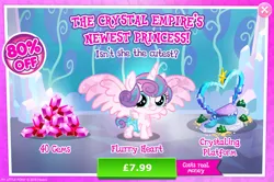 Size: 1956x1301 | Tagged: safe, derpibooru import, princess flurry heart, alicorn, crystal pony, pony, g4, advertisement, baby, bush, costs real money, crystallized, cute, diaper, english, female, filly, flurrybetes, foal, gameloft, gem, horn, image, introduction card, jpeg, mare, mobile game, my little pony: magic princess, numbers, sale, solo, spread wings, text, wings