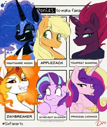 Size: 1715x2040 | Tagged: safe, artist:thelunarmoon, derpibooru import, applejack, daybreaker, nightmare moon, princess cadance, starlight glimmer, tempest shadow, alicorn, pony, unicorn, six fanarts, g4, image, jpeg