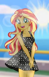 Size: 4944x7776 | Tagged: safe, artist:emeraldblast63, artist:riouku, derpibooru import, sunset shimmer, human, equestria girls, g4, bare shoulders, clothes, dress, female, happy, image, lens flare, open mouth, open smile, png, sleeveless, smiling, solo, sun, sundress