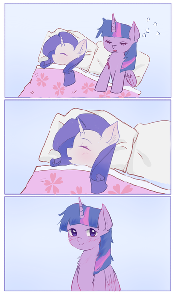 Size: 2346x3754 | Tagged: safe, artist:ecor土土, derpibooru import, rarity, twilight sparkle, twilight sparkle (alicorn), alicorn, pony, unicorn, g4, chest fluff, cute, duo, duo female, ear fluff, female, gradient background, high res, image, lesbian, png, ship:rarilight, shipping, simple background, sleeping