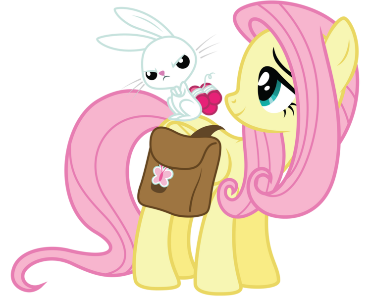 Size: 999x800 | Tagged: safe, artist:midnight--blitz, derpibooru import, angel bunny, fluttershy, pegasus, pony, rabbit, g4, angel bunny is not amused, animal, bag, cute, duo, female, hair curlers, image, male, mare, misleading thumbnail, not tnt, png, saddle bag, shyabetes, simple background, smiling, transparent background, unamused, vector