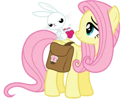 Size: 999x800 | Tagged: safe, artist:midnight--blitz, derpibooru import, angel bunny, fluttershy, pegasus, pony, rabbit, g4, angel bunny is not amused, animal, bag, cute, duo, female, hair curlers, image, male, mare, misleading thumbnail, not tnt, png, saddle bag, shyabetes, simple background, smiling, transparent background, unamused, vector