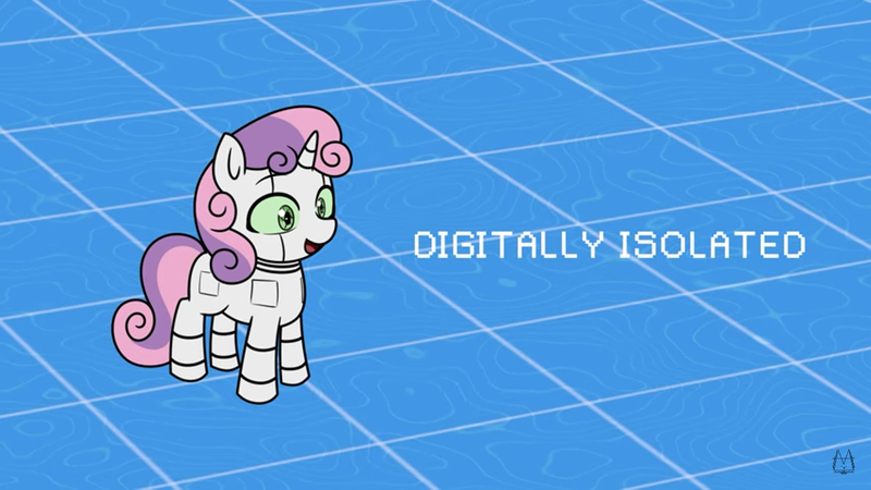 Size: 1366x768 | Tagged: safe, artist:makaryo, derpibooru import, screencap, sweetie belle, pony, robot, robot pony, unicorn, g4, hello world, image, lyrics, open mouth, png, roboticization, solo, sweetie bot, text, youtube, youtube link