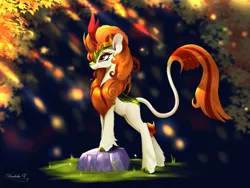 Size: 1800x1350 | Tagged: safe, artist:darksly, derpibooru import, autumn blaze, kirin, pony, g4, female, image, jpeg, leader, leaves, mare, rock, solo, tall