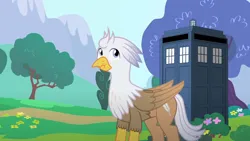 Size: 1280x720 | Tagged: safe, artist:mlp-silver-quill, derpibooru import, oc, oc:silver quill, hippogriff, after the fact, after the fact:it ain't easy being breezies, doctor who, image, png, scrunchy face, solo, tardis, tree