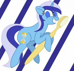 Size: 2048x1940 | Tagged: safe, artist:defg7373, derpibooru import, minuette, pony, unicorn, g4, grin, image, jpeg, no pupils, smiling, solo, striped background, toothbrush