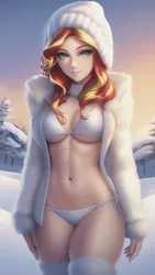 Size: 864x1536 | Tagged: suggestive, ai content, derpibooru import, machine learning generated, stable diffusion, sunset shimmer, human, equestria girls, g4, beanie, beanie hat, beautiful, belly, belly button, bikini, bikini bottom, bikini top, breasts, busty sunset shimmer, clothes, coat, forest, forest background, fur, hat, humanized, image, lips, looking at you, midriff, png, prompter:sammykun, reasonably sized breasts, sexy, snow, socks, solo, stupid sexy sunset shimmer, swimsuit, thigh highs, thighs, tree, white coat