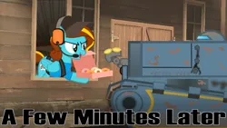 Size: 1280x720 | Tagged: safe, artist:drwolf001, derpibooru import, oc, oc:ilovekimpossiblealot, pegasus, pony, coaltown, donut, double rainbow (tf2 analysis), food, image, mann vs machine, png, tank (vehicle), team fortress 2, text, tf2 analysis anarchy, time skip, vector tech