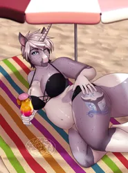 Size: 2049x2765 | Tagged: suggestive, artist:askbubblelee, derpibooru import, oc, oc:trots n socks, unofficial characters only, anthro, pony, sea pony, unguligrade anthro, unicorn, adorasexy, alcohol, anthro oc, beach, beach blanket, beach umbrella, belly, belly button, big belly, big breasts, blaze (coat marking), breasts, chubby, cleavage, coat markings, curvy, cute, eyebrows, eyebrows visible through hair, facial markings, female, freckles, fupa, high res, horn, huge breasts, image, jewelry, lips, looking at you, lying down, mare, pale belly, plump, png, ponysona, ring, sexy, side, smiling, snip (coat marking), socks (coat marking), solo, solo female, thick, thighs, umbrella, unicorn oc, wedding ring, wide hips