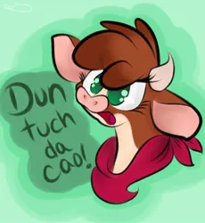 Size: 900x977 | Tagged: safe, artist:toxiccoswynaut, derpibooru import, arizona cow, cow, them's fightin' herds, angry, arizona (tfh), arizonadorable, bait, cao, community related, cute, eye clipping through hair, female, funetik aksent, green background, image, intentional spelling error, jpeg, madorable, neckerchief, no pupils, open mouth, simple background, solo, talking to viewer, text, touch the cow