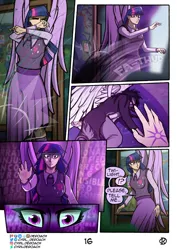 Size: 1500x2122 | Tagged: safe, artist:deroach, derpibooru import, twilight sparkle, oc, oc:daylight, human, comic:tales from equestria part 1, fanfic, equestria girls, g4, clothes, comic, cutie mark, cutie mark on clothes, equestria project humanized, glow, glowing eyes, humanized, image, implied starlight glimmer, jacket, midnight sparkle, png, school of friendship, shattered glass, tinyface, twilight snapple, winged humanization, wings