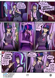 Size: 1500x2122 | Tagged: safe, artist:deroach, derpibooru import, starlight glimmer, twilight sparkle, human, comic:tales from equestria part 1, fanfic, g4, angry, clothes, comic, cutie mark, cutie mark on clothes, equestria project humanized, humanized, image, jacket, png, school of friendship, tinyface, twilight snapple, vulgar, winged humanization, wings