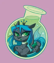 Size: 1265x1483 | Tagged: safe, artist:dodsie, derpibooru import, queen chrysalis, changeling, changeling queen, g4, bottle, chibi, female, image, jpeg, looking at you, open mouth, open smile, pony in a bottle, smiling, solo