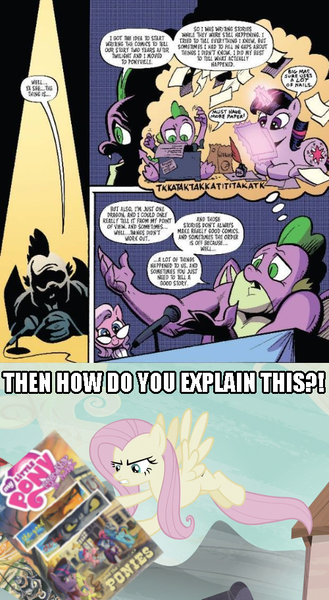 Size: 500x911 | Tagged: safe, artist:andy price, derpibooru import, edit, edited screencap, idw, screencap, applejack, fluttershy, spike, twilight sparkle, unnamed character, unnamed pony, dragon, pony, unicorn, g4, the cutie map, comic drama, female, fridge logic, gigachad, gigachad spike, idw drama, image, male, mare, meme, older, older spike, op can't let go, op is a duck, png, stallion, text, the good the bad and the ponies, uh oh, unicorn twilight, winged spike, wings