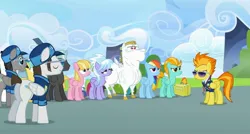 Size: 2160x1154 | Tagged: safe, derpibooru import, screencap, bulk biceps, cloudchaser, fast clip, lightning dust, manerick, meadow flower, mercury, rainbow dash, spitfire, starry eyes (character), sunshower raindrops, thunderlane, whiplash, pegasus, pony, g4, season 3, wonderbolts academy, background pony, bush, clothes, cloud, drill sergeant, female, folded wings, hat, image, jpeg, male, mare, necktie, spitfire's tie, stallion, starry eyes (g4), suit, sunglasses, uniform, whistle, whistle necklace, wings, wonderbolts, wonderbolts dress uniform, wonderbolts headquarters