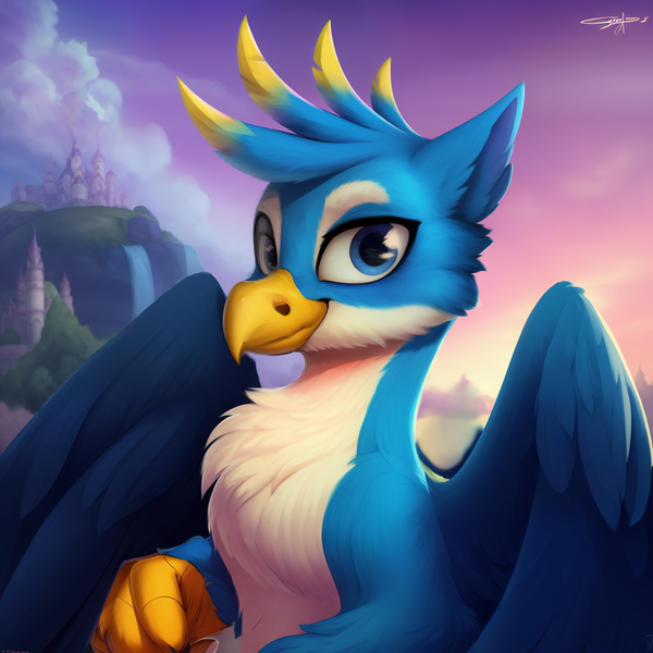 Size: 2048x2048 | Tagged: safe, ai content, derpibooru import, machine learning generated, stable diffusion, gallus, gryphon, g4, bust, cheek fluff, chest fluff, ear fluff, generator:purplesmart.ai, high res, image, png, portrait, prompter:mfg637, solo