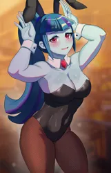 Size: 717x1114 | Tagged: safe, artist:tzc, derpibooru import, sonata dusk, human, equestria girls, g4, armpits, bare shoulders, blushing, breasts, bunny ears, bunny suit, busty sonata dusk, cleavage, clothes, corset, cuffs (clothes), eyebrows, female, image, jpeg, looking at you, open mouth, open smile, playboy bunny, playboy bunny sonata dusk, sexy, sleeveless, smiling, smiling at you, solo, strapless