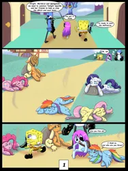 Size: 7500x10000 | Tagged: safe, artist:chedx, derpibooru import, applejack, fluttershy, pinkie pie, rainbow dash, rarity, twilight sparkle, earth pony, pegasus, pony, comic:learning with pibby glitch battles, fanfic, g4, absurd resolution, ass, butt, comic, commission, crossover, error, fanfic art, female, floppy ears, glitch, image, lying down, male, mane six, mare, mordecai, multiverse, pibby, png, ponyville, prone, regular show, spongebob squarepants, spongebob squarepants (character), twilight's castle