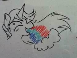 Size: 600x450 | Tagged: safe, artist:sinclair2013, derpibooru import, oc, unofficial characters only, pony, unicorn, blushing, bust, image, jpeg, puking rainbows, simple background, solo, traditional art, vomit, vomiting, white background, whiteboard