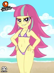 Size: 1920x2600 | Tagged: suggestive, artist:theminus, derpibooru import, sour sweet, equestria girls, g4, beach, belly button, bikini, breasts, clothes, delicious flat chest, fangs, female, hand on hip, image, implied lolicon, implied underage, jpeg, panties, patreon, patreon logo, small breasts, smiling, solo, solo female, swimsuit, teeth, thong, underwear, watermark, wet hair, younger