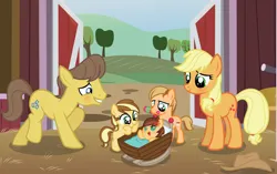 Size: 1024x643 | Tagged: safe, artist:liya04, derpibooru import, applejack, caramel, oc, oc:apple jams, oc:apple rose heart, oc:candy apple, earth pony, pony, g4, baby, baby pony, colt, female, filly, foal, image, jpeg, male, mare, newborn, offspring, parent:applejack, parent:caramel, parents:carajack, ship:carajack, shipping, stallion, straight