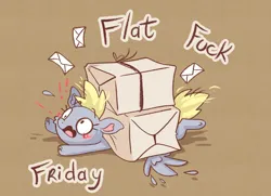 Size: 4252x3071 | Tagged: safe, artist:cutepencilcase, derpibooru import, derpy hooves, pegasus, pony, g4, distressed, exclamation point, flat fuck friday, high res, image, package, png, shrunken pupils, solo, vulgar