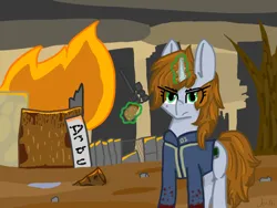 Size: 1024x768 | Tagged: semi-grimdark, artist:derpy_fan, derpibooru import, oc, oc:littlepip, unofficial characters only, pony, unicorn, fallout equestria, arbu, blood, fire, gun, handgun, image, magic, newbie artist training grounds, png, revolver, solo, telekinesis, weapon