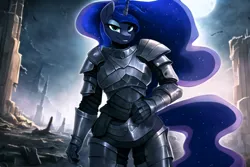 Size: 1536x1024 | Tagged: safe, ai content, derpibooru import, machine learning generated, novelai, stable diffusion, princess luna, alicorn, anthro, g4, armor, badass, fantasy, image, png, post-apocalyptic, prompter:image, ruins, smiling, smug, solo, wingless, wingless alicorn, wingless anthro