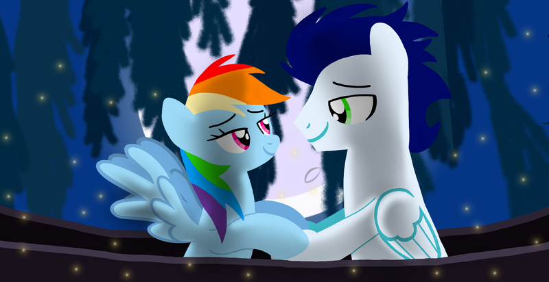 Size: 1980x1020 | Tagged: safe, artist:mlplary6, derpibooru import, rainbow dash, soarin', firefly (insect), insect, pegasus, pony, g4, boat, boyfriend and girlfriend, female, holding hooves, image, looking at each other, looking at someone, male, mare, moon, moonlight, png, romantic, shipping, smiling, smiling at each other, soarindash, stallion, straight, the little mermaid