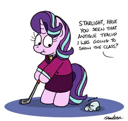 Size: 1644x1552 | Tagged: safe, artist:bobthedalek, derpibooru import, starlight glimmer, pony, unicorn, g4, atg 2023, bipedal, clothes, cracked, cup, female, golf, golf club, hoof hold, image, implied sunburst, jacket, mare, newbie artist training grounds, older, older starlight glimmer, oops, png, scrunchy face, simple background, skirt, solo, sports, teacup, wavy mouth, white background