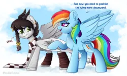 Size: 4300x2600 | Tagged: safe, artist:madelinne, derpibooru import, rainbow dash, oc, oc:sound error, pegasus, pony, g4, braid, clothes, cloud, duo, flying lesson, high res, horns, image, png, scarf, socks, text, wings