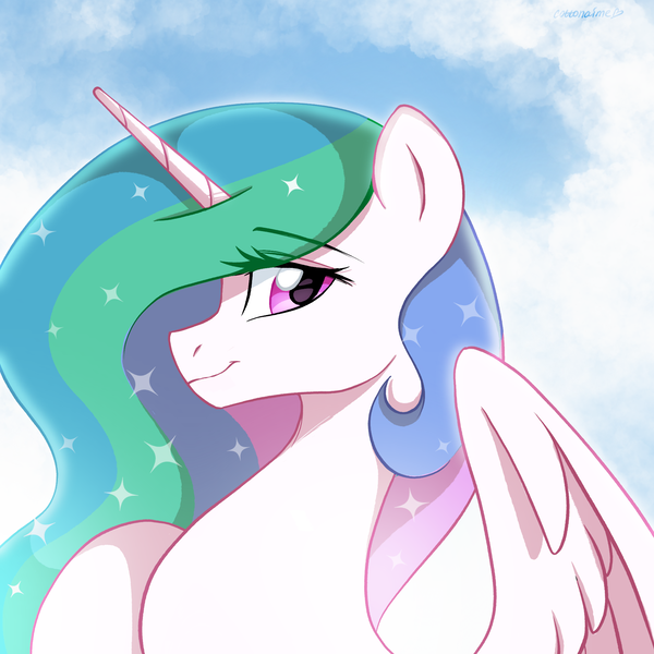 Size: 2048x2048 | Tagged: safe, artist:cottonaime, derpibooru import, princess celestia, alicorn, pony, g4, bust, cloud, cute, cutelestia, eye clipping through hair, eyebrows, eyebrows visible through hair, female, high res, horn, image, looking at you, mare, missing accessory, partially open wings, png, portrait, profile, signature, sky, smiling, smiling at you, solo, sparkly mane, wings