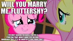 Size: 1920x1080 | Tagged: suggestive, derpibooru import, edit, edited screencap, screencap, fluttershy, pinkie pie, earth pony, pegasus, pony, g4, putting your hoof down, caption, crying, cunt, female, image, image macro, implied sex, implied virgin, jpeg, lesbian, marriage proposal, meme, ship:flutterpie, shipping, smiling, tears of joy, text, vulgar