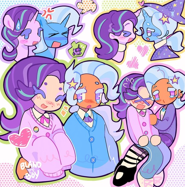 Size: 1440x1457 | Tagged: safe, artist:bland__boy, derpibooru import, starlight glimmer, trixie, human, pony, unicorn, g4, blushing, clothes, cross-popping veins, dark skin, duo, emanata, female, heart, humanized, image, jpeg, lesbian, light skin, rainbow flag, self paradox, self ponidox, shipping, speech bubble, startrix, sweat, sweatdrop, sweater, tan skin