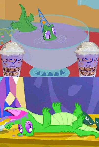 Size: 656x975 | Tagged: safe, derpibooru import, edit, screencap, gummy, alligator, g4, grimace shake, image, jpeg, male, mcdonald's, meme