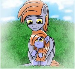 Size: 900x831 | Tagged: safe, artist:undisputed, derpibooru import, oc, unofficial characters only, pegasus, pony, fanfic, fanfic:golden reign, fanfic art, father and child, father and daughter, female, filly, foal, grass, image, jpeg, male, sitting, sky, smiling, stallion